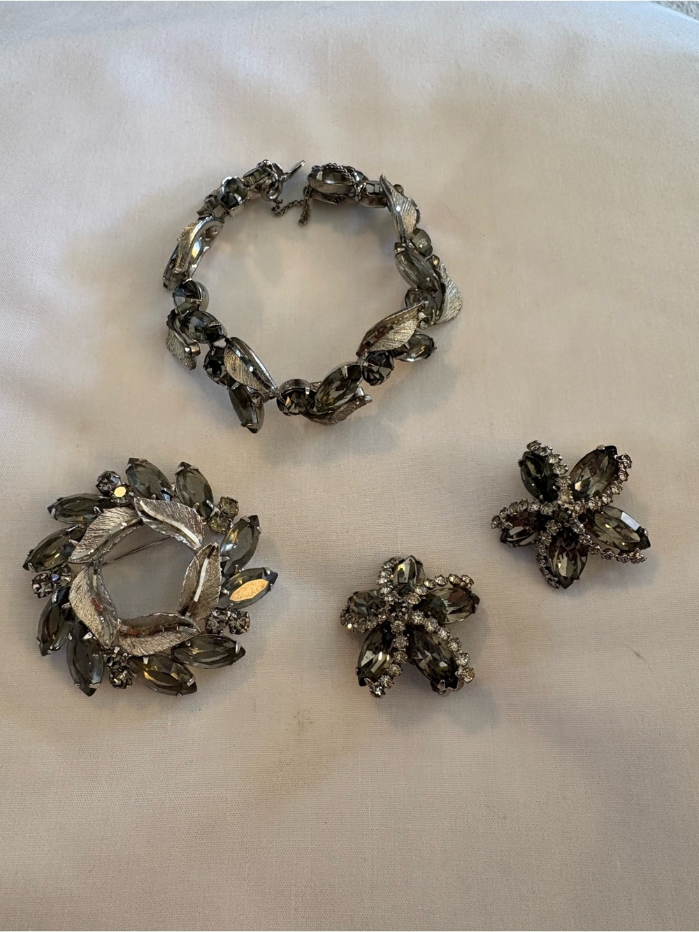 Vintage-Inspired Gray Crystal Bracelet and Brooch Set with matching earrings